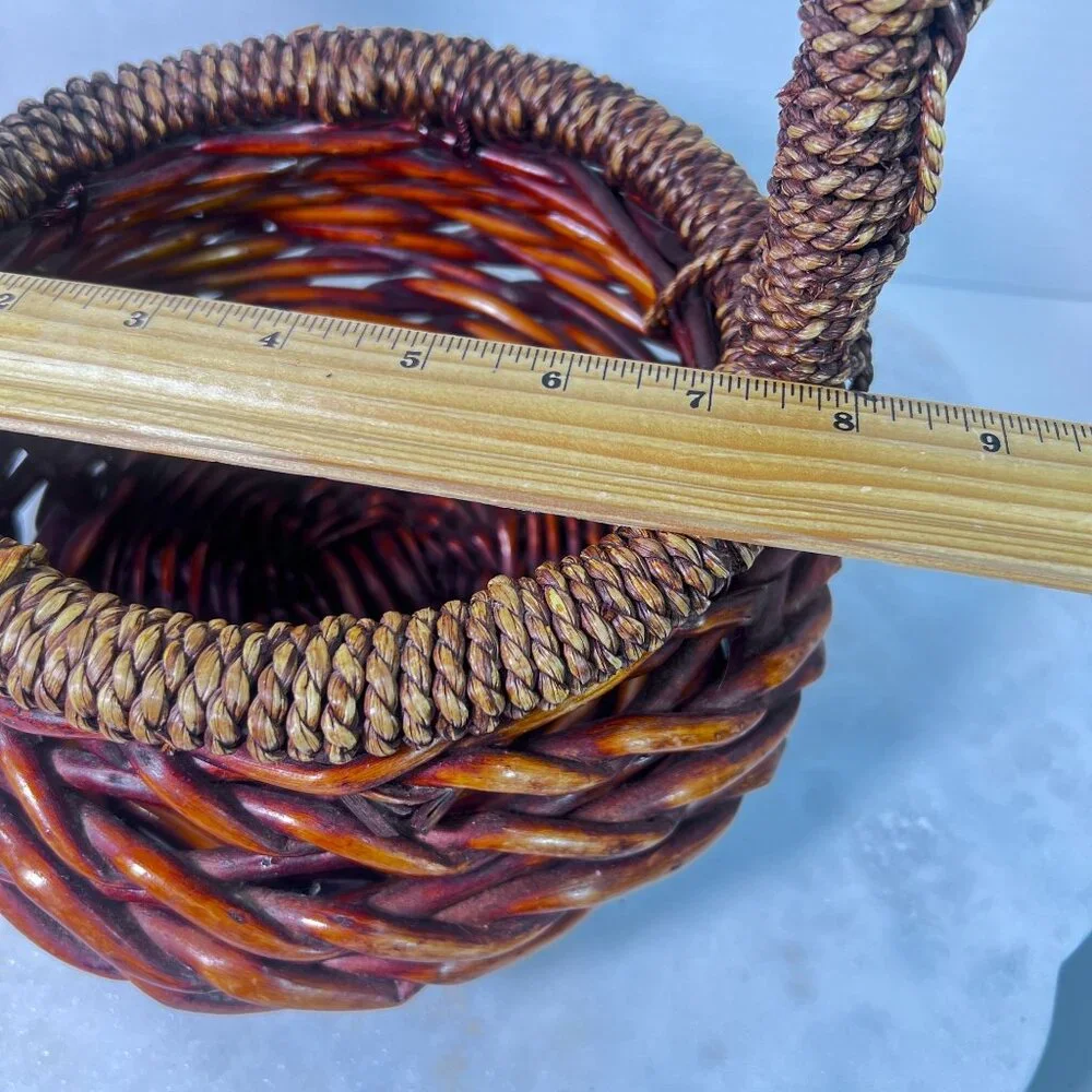 Vintage Round Basket Woven Handcrafted Brown‎ Rattan Wicker Twisted Rope Handle